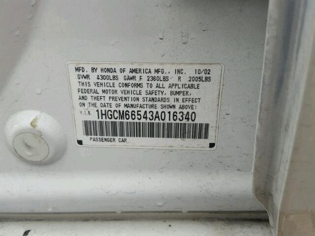 1HGCM66543A016340 - 2003 HONDA ACCORD EX WHITE photo 10