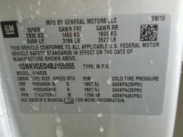 1GNKVGED4BJ155055 - 2011 CHEVROLET TRAVERSE L SILVER photo 10