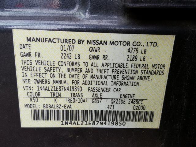 1N4AL21E87N419850 - 2007 NISSAN ALTIMA 2.5 GRAY photo 10