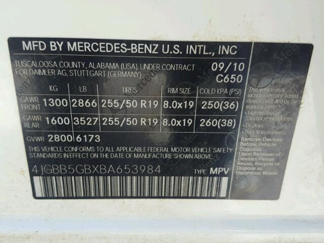 4JGBB5GBXBA653984 - 2011 MERCEDES-BENZ ML 350 WHITE photo 10
