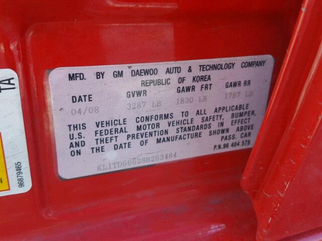 KL1TD66628B263484 - 2008 CHEVROLET AVEO BASE RED photo 10