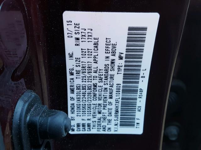 5J6RM4H7XFL108809 - 2015 HONDA CR-V EXL MAROON photo 10