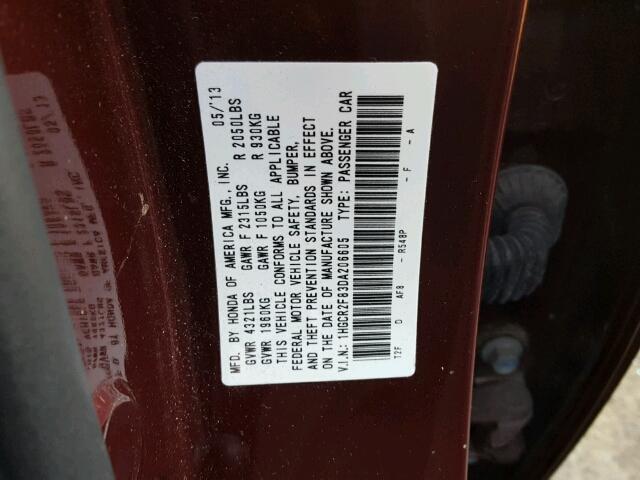 1HGCR2F83DA206605 - 2013 HONDA ACCORD EXL BURGUNDY photo 10