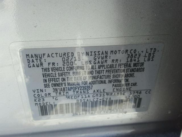 3N1AB7AP0FY239357 - 2015 NISSAN SENTRA S SILVER photo 10