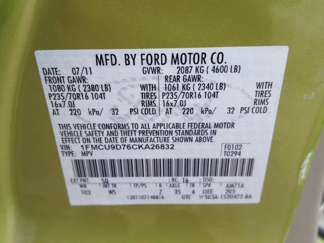 1FMCU9D76CKA26832 - 2012 FORD ESCAPE XLT GREEN photo 10