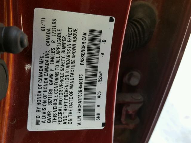 2HGFA1F63BH540175 - 2011 HONDA CIVIC LX-S 勃艮第红 照片 10