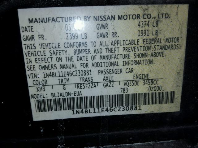 1N4BL11E46C230881 - 2006 NISSAN ALTIMA SE BLACK photo 10