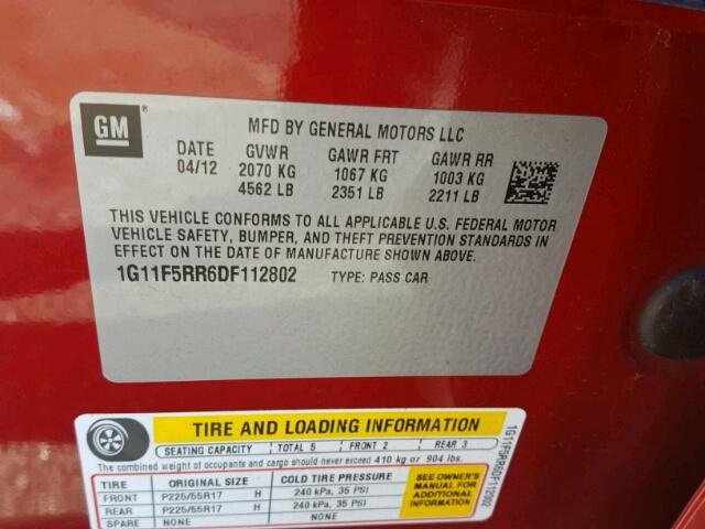 1G11F5RR6DF112802 - 2013 CHEVROLET MALIBU 2LT RED photo 10