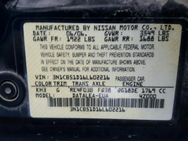 3N1CB51D16L602216 - 2006 NISSAN SENTRA 1.8 BLACK photo 10