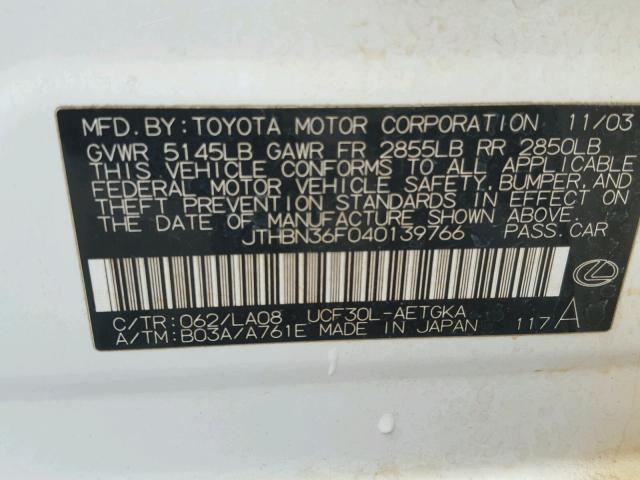 JTHBN36F040139766 - 2004 LEXUS LS 430 WHITE photo 10