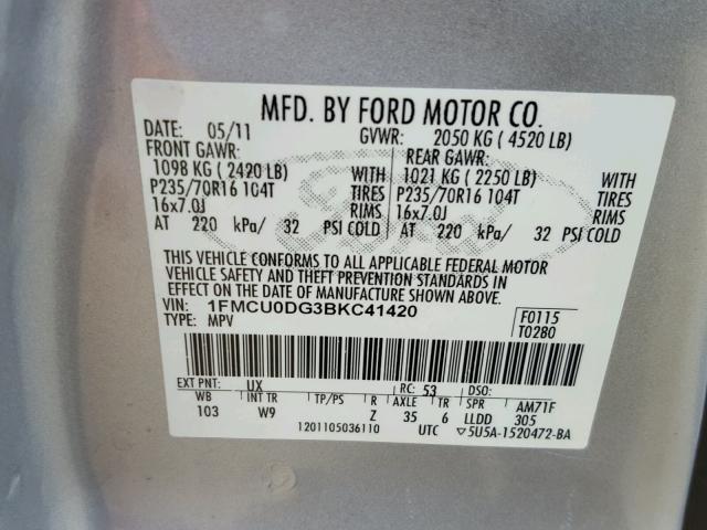 1FMCU0DG3BKC41420 - 2011 FORD ESCAPE XLT SILVER photo 10