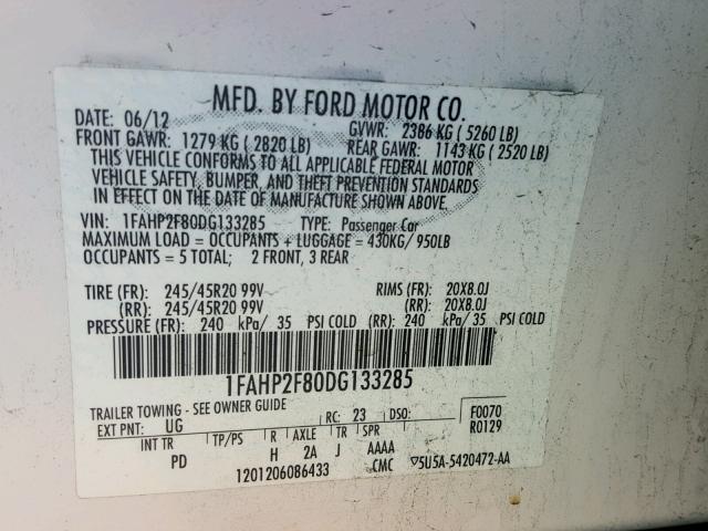 1FAHP2F80DG133285 - 2013 FORD TAURUS LIM WHITE photo 10