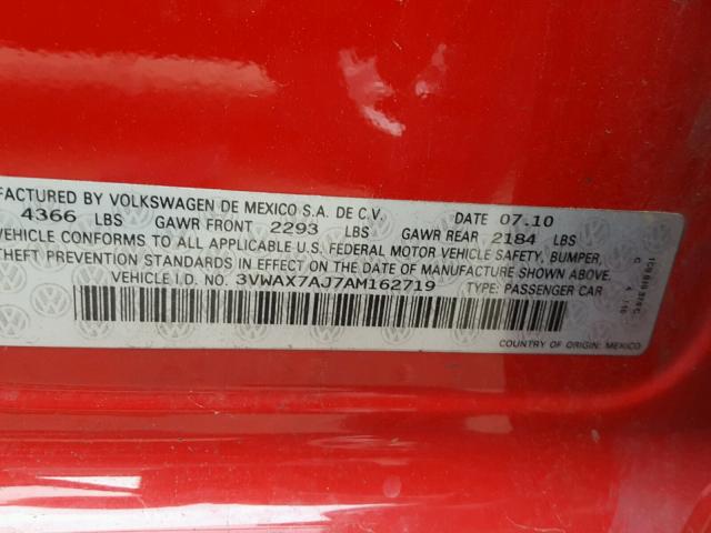 3VWAX7AJ7AM162719 - 2010 VOLKSWAGEN JETTA LIMI RED photo 10