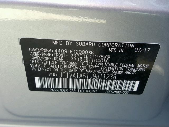 JF1VA1A61J9811238 - 2018 SUBARU WRX SILVER photo 10