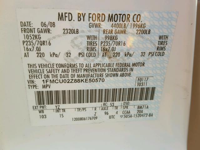 1FMCU02Z88KE50570 - 2008 FORD ESCAPE XLS WHITE photo 10