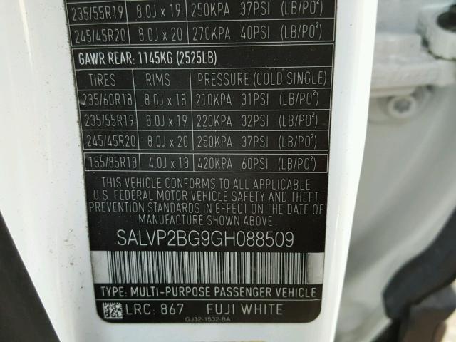 SALVP2BG9GH088509 - 2016 LAND ROVER RANGE ROVE WHITE photo 10