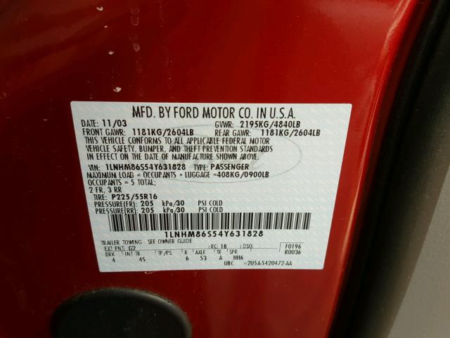 1LNHM86S54Y631828 - 2004 LINCOLN LS 勃艮第红 照片 10