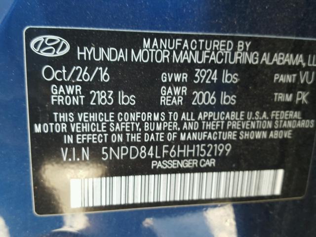 5NPD84LF6HH152199 - 2017 HYUNDAI ELANTRA SE BLUE photo 10