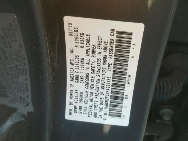 1HGCR2F52FA222688 - 2015 HONDA ACCORD SPO GRAY photo 10