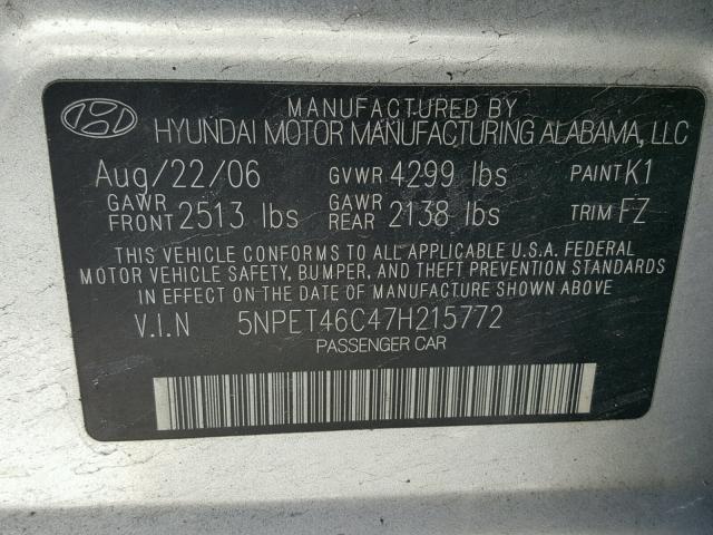 5NPET46C47H215772 - 2007 HYUNDAI SONATA GLS SILVER photo 10