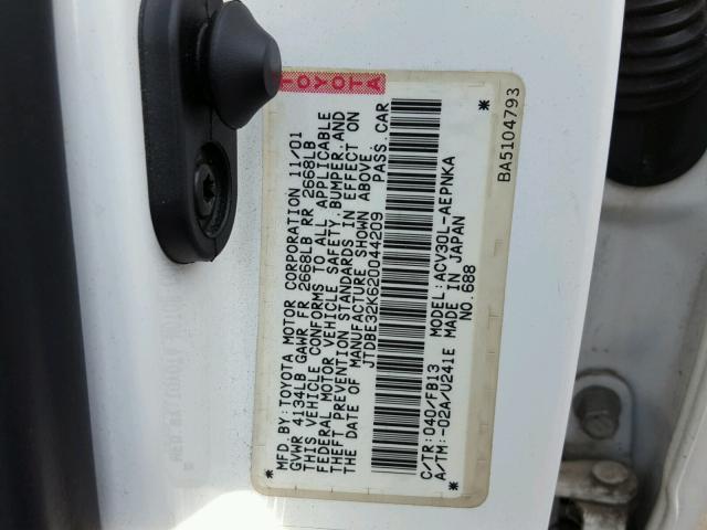 JTDBE32K620044209 - 2002 TOYOTA CAMRY LE 白色 照片 10