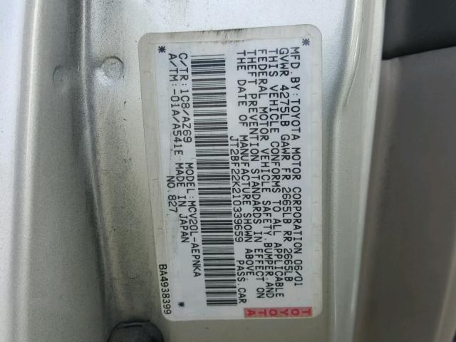 JT2BF22K210339659 - 2001 TOYOTA CAMRY CE CREAM photo 10