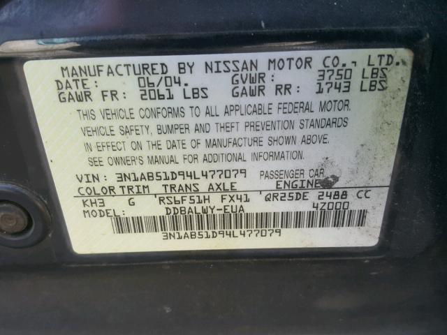 3N1AB51D94L477079 - 2004 NISSAN SENTRA SE- BLACK photo 10