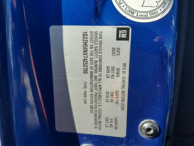 1G2ZH58NX74252780 - 2007 PONTIAC G6 GT BLUE photo 10