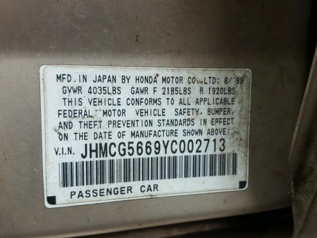 JHMCG5669YC002713 - 2000 HONDA ACCORD EX GOLD photo 10