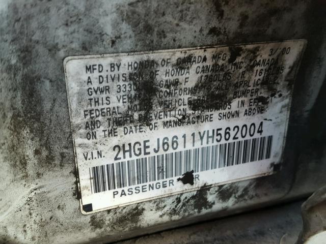 2HGEJ6611YH562004 - 2000 HONDA CIVIC BASE 银色 照片 10