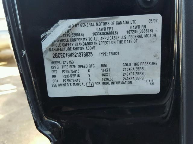 2GCEC19V821378835 - 2002 CHEVROLET SILVERADO BLACK photo 10