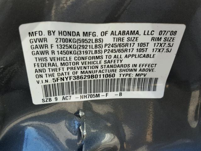 5FNYF38629B011060 - 2009 HONDA PILOT EXL CHARCOAL photo 10