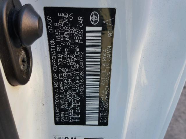 JTKDE167280240782 - 2008 TOYOTA SCION TC 白色 照片 10