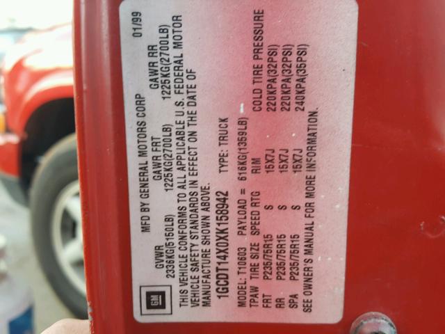 1GCDT14X0XK158942 - 1999 CHEVROLET S TRUCK S1 RED photo 10