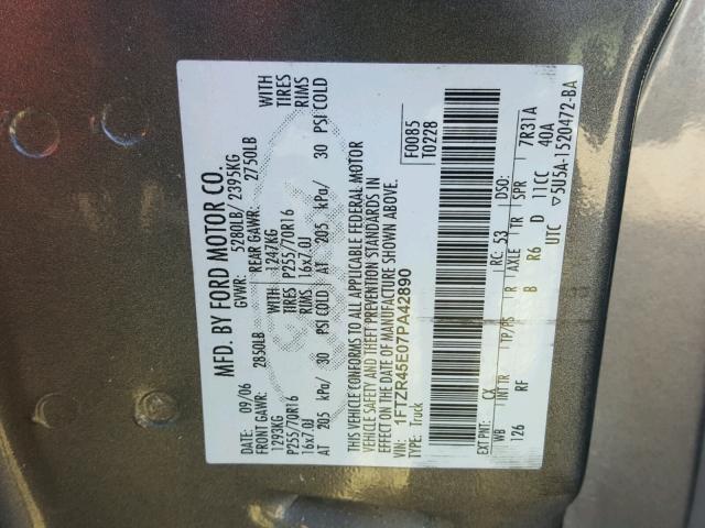 1FTZR45E07PA42890 - 2007 FORD RANGER SUP GRAY photo 10