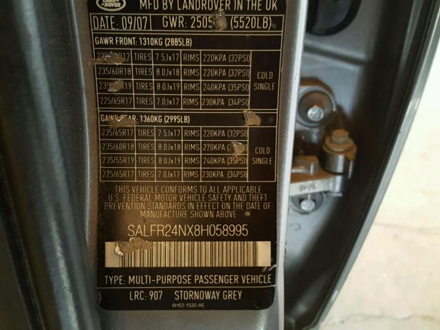 SALFR24NX8H058995 - 2008 LAND ROVER LR2 HSE SILVER photo 10