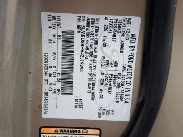 5LMEU88H64ZJ19393 - 2004 LINCOLN AVIATOR 棕色 照片 10