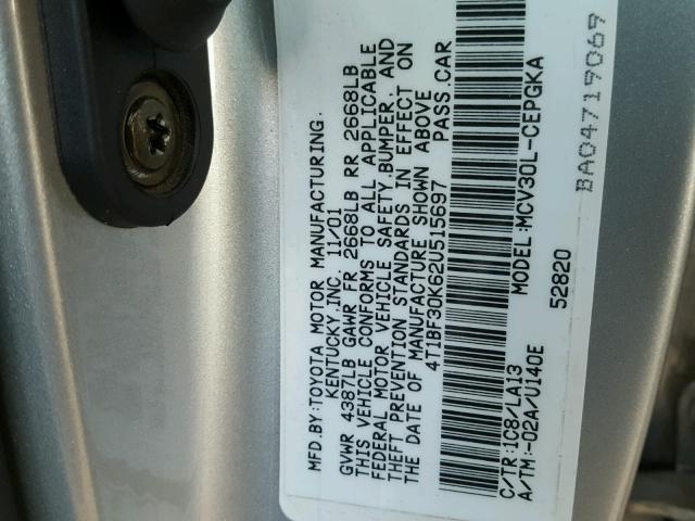 4T1BF30K62U515697 - 2002 TOYOTA CAMRY LE SILVER photo 10