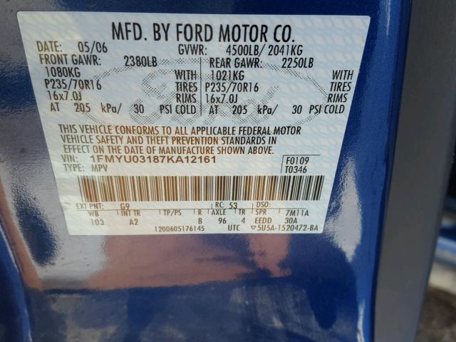 1FMYU03187KA12161 - 2007 FORD ESCAPE XLT BLUE photo 10