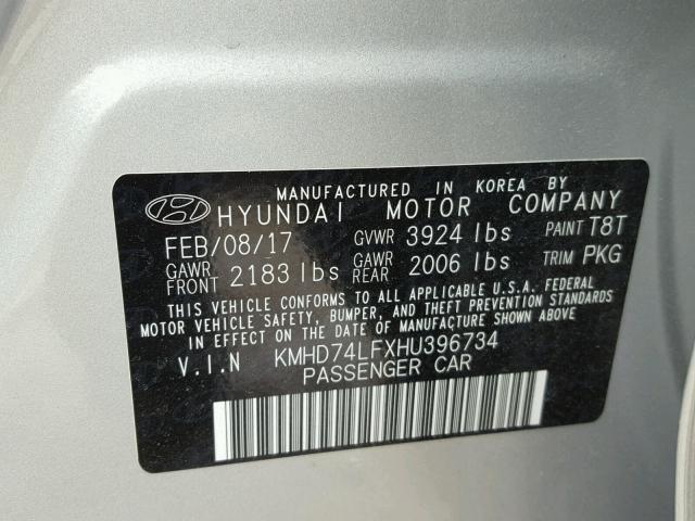 KMHD74LFXHU396734 - 2017 HYUNDAI ELANTRA SE SILVER photo 10