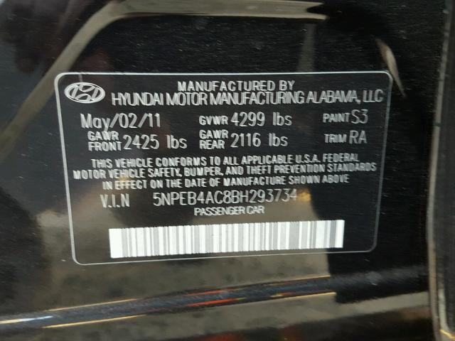 5NPEB4AC8BH293734 - 2011 HYUNDAI SONATA GLS BLACK photo 10