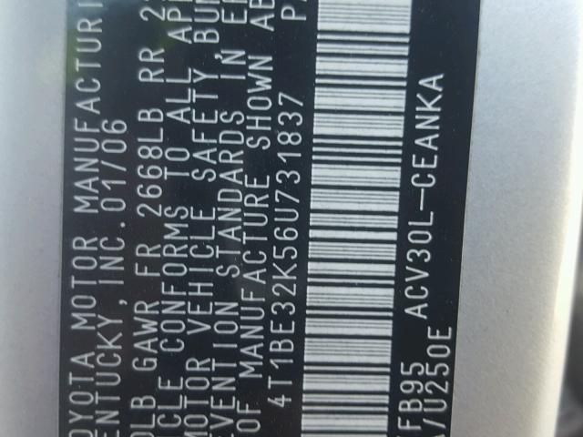 4T1BE32K56U731837 - 2006 TOYOTA CAMRY LE თეთრი ფოტო 10