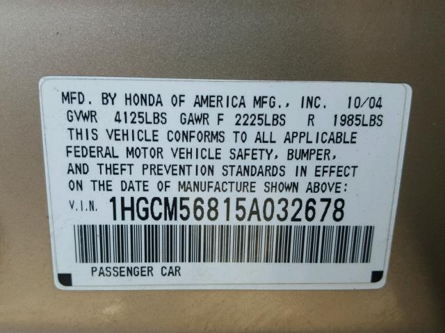 1HGCM56815A032678 - 2005 HONDA ACCORD EX GOLD photo 10