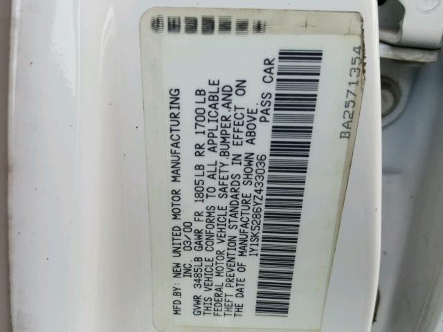 1Y1SK5286YZ433036 - 2000 CHEVROLET GEO PRIZM 白色 照片 10