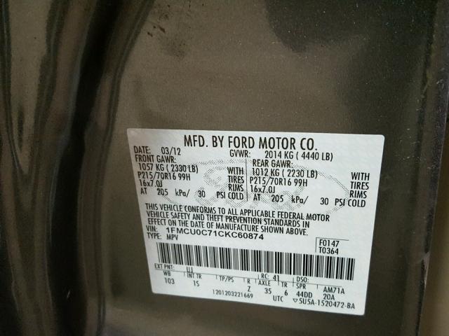 1FMCU0C71CKC60874 - 2012 FORD ESCAPE XLS GOLD photo 10