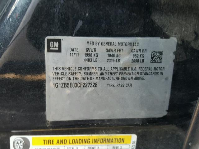 1G1ZB5E03CF227328 - 2012 CHEVROLET MALIBU LS შავი ფოტო 10