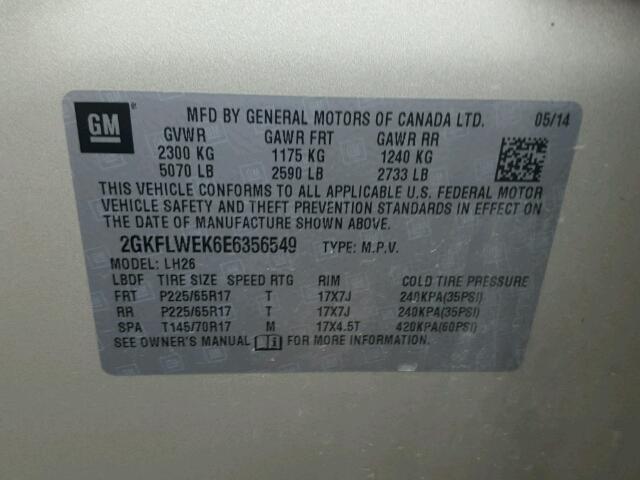 2GKFLWEK6E6356549 - 2014 GMC TERRAIN SL CREAM photo 10