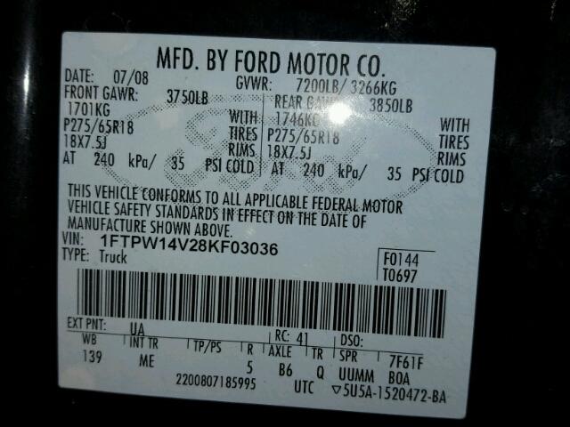 1FTPW14V28KF03036 - 2008 FORD F150 SUPER BLACK photo 10