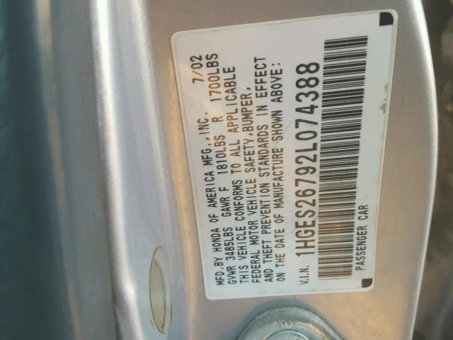 1HGES26792L074388 - 2002 HONDA CIVIC EX ვერცხლისფერი ფოტო 10