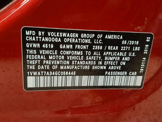 1VWAT7A34GC056445 - 2016 VOLKSWAGEN PASSAT S RED photo 10